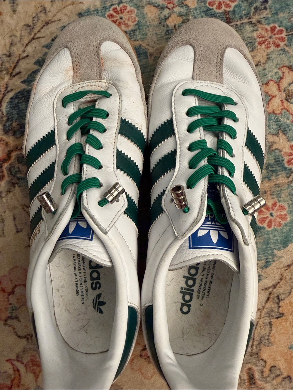 adidas White & Green Retro Three-Stripe Trainers